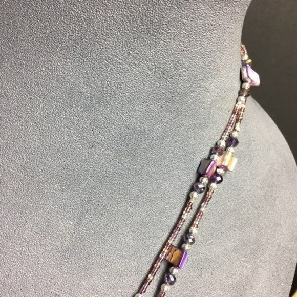 Long Double Strand Necklace Purple Mother Of Pearl Shell Silver Round Beach Retr - Picture 6 of 8